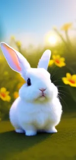 White bunny with colorful flowers in a grassy spring meadow.