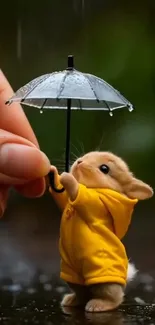 Bunny in a yellow raincoat with umbrella.