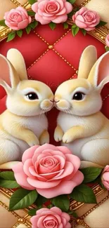 Two bunnies kissing surrounded by pink roses.