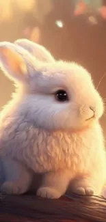 Adorable bunny with fluffy fur in soft warm lighting as a mobile wallpaper.