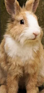 Fluffy brown and white rabbit in natural setting wallpaper.