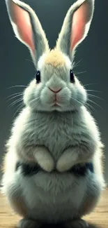 Adorable bunny sitting on a wooden surface with a soft grey background.