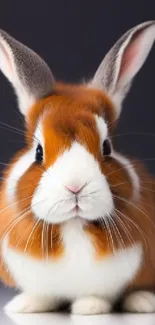 Close-up of a cute fluffy bunny on a dark background.