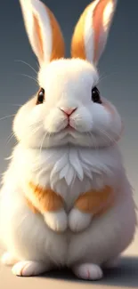 Cute fluffy bunny with white and orange fur sitting against a soft gradient background.