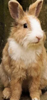 Adorable brown and white bunny sitting in natural setting, perfect for mobile wallpaper.