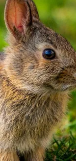 Adorable bunny sitting in green grass.