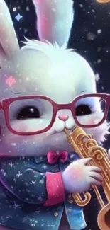 Cute bunny wearing glasses playing a trumpet in a whimsical art style.