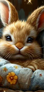 Adorable bunny nestled in a cozy blanket with floral patterns.