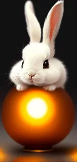 Adorable white bunny on glowing orange orb.