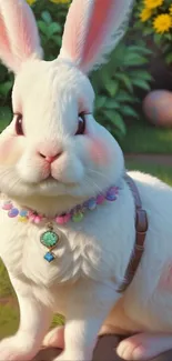 A cute white bunny in a lush garden setting with colorful accents.