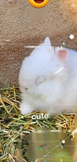 Cute fluffy white bunny on straw background.