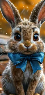 Cute bunny with a blue bow in fall setting.