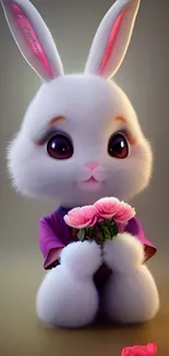 Cute bunny holding pink flowers on a mobile wallpaper.