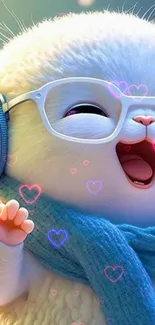 Adorable bunny with glasses and scarf in a playful pose.