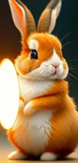 Adorable orange bunny holding a glowing circle on a dark background.