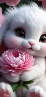 Fluffy white bunny holding pink flower