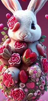 Cute bunny with pink roses and hearts wallpaper.