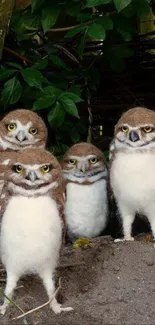 Adorable burrowing owls in natural habitat on mobile wallpaper.