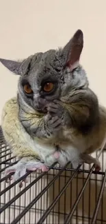 Cute bush baby with bright eyes sitting on a cage.