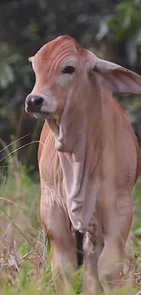 Adorable calf standing in a lush green meadow, creating a serene mobile wallpaper.