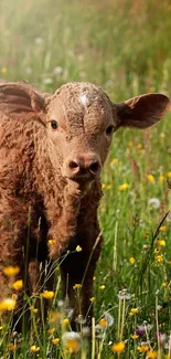 Curly-haired calf in a sunny, flower-filled meadow.