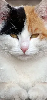 Adorable calico cat with black, white, and ginger fur sitting calmly.