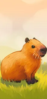 Illustration of a capybara sitting in a meadow under a soft sky.