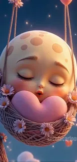Adorable cartoon baby asleep in moonlit basket with flowers.