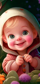 Adorable cartoon baby smiling in colorful garden with flowers and vibrant hues.