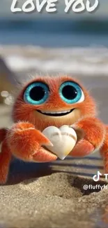 Adorable cartoon crab holding heart shell on beach.