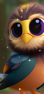 Cute cartoon bird with large eyes and sparkling effect in a forest scene.