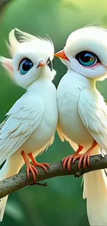 Two cartoon birds on a branch with big eyes.