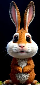 Adorable cartoon bunny with big eyes on a dark background.