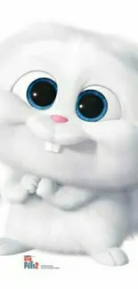 Cute cartoon bunny with blue eyes on wallpaper.