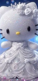 Cartoon cat in sparkling bridal dress with veil.