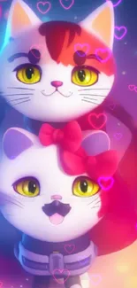 Two cute cartoon cats with bows in a colorful bokeh background.