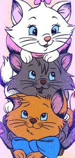 Three adorable cartoon cats stacked playfully on a peach background.