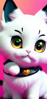 Cute cartoon cat with colorful eyes on a vibrant pink background, perfect for wallpaper.