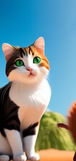 Adorable cartoon cat with bright green eyes on a sunny day.