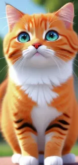 Charming cartoon cat with green eyes and orange stripes sitting outdoors.