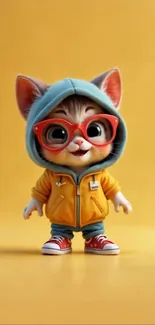 Cartoon cat in hoodie and red glasses on yellow background.