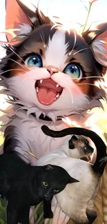 Cute cartoon kitten surrounded by colorful cats.