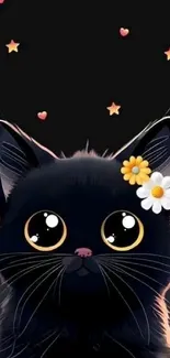 Adorable black cartoon cat with flowers and stars.