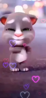 Adorable cartoon cat with glowing hearts background in mobile wallpaper.