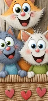 Adorable cartoon cats in a wicker basket.