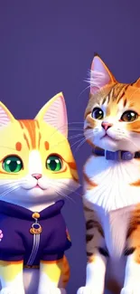 Two adorable cartoon cats on a purple background.