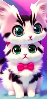 Adorable cartoon cats with a pink bow on a vibrant background wallpaper.