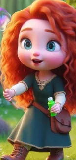 Adorable cartoon character with red curls in a colorful scene.