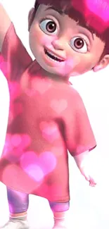 Adorable cartoon character in a pink dress with heart effects.