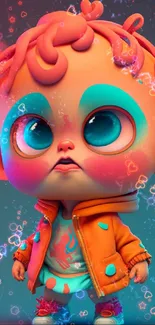 Cute cartoon character with big eyes and orange hair on vibrant wallpaper.